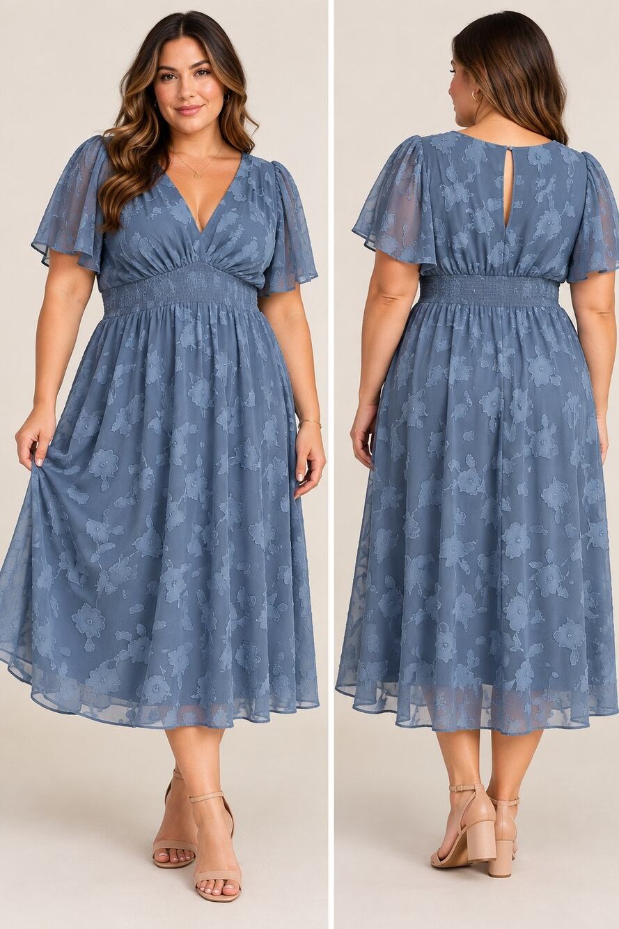 Baltic Born June Smocked Midi Dress Blue 1X NWT Floral Burnout Chiffon Wedding